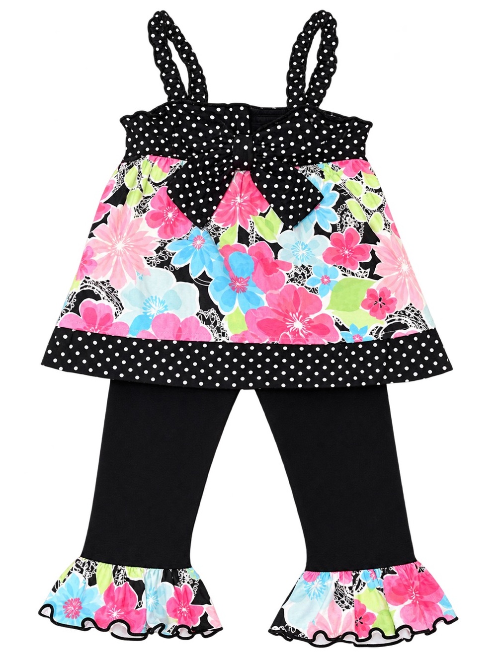 Kids Floral Black Polka Dot Matching Set - Brand: